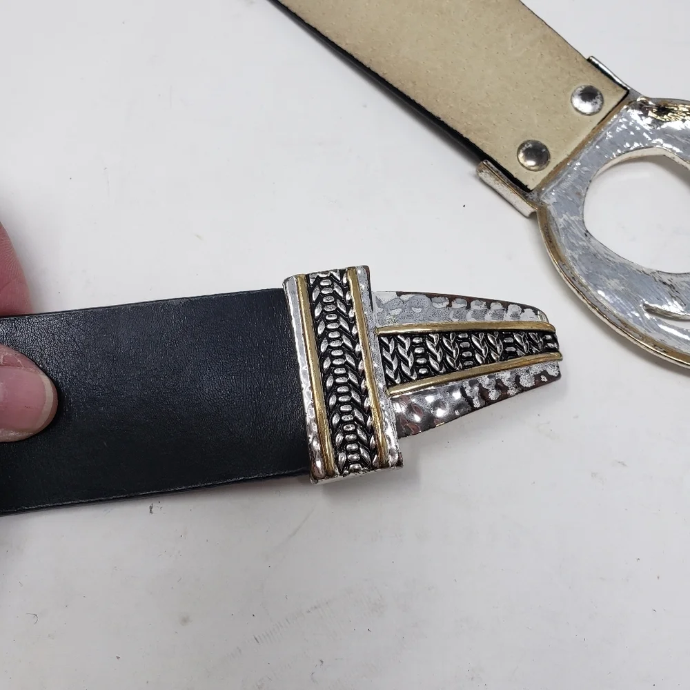 Chico’s Black Leather Women’s Slide Statement Belt with Silver Hook Buckle M/L
